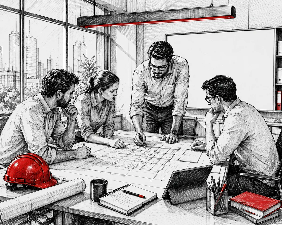 Equipe técnica planejando uma obra de alto padrão em mesa de reunião com plantas e projetos